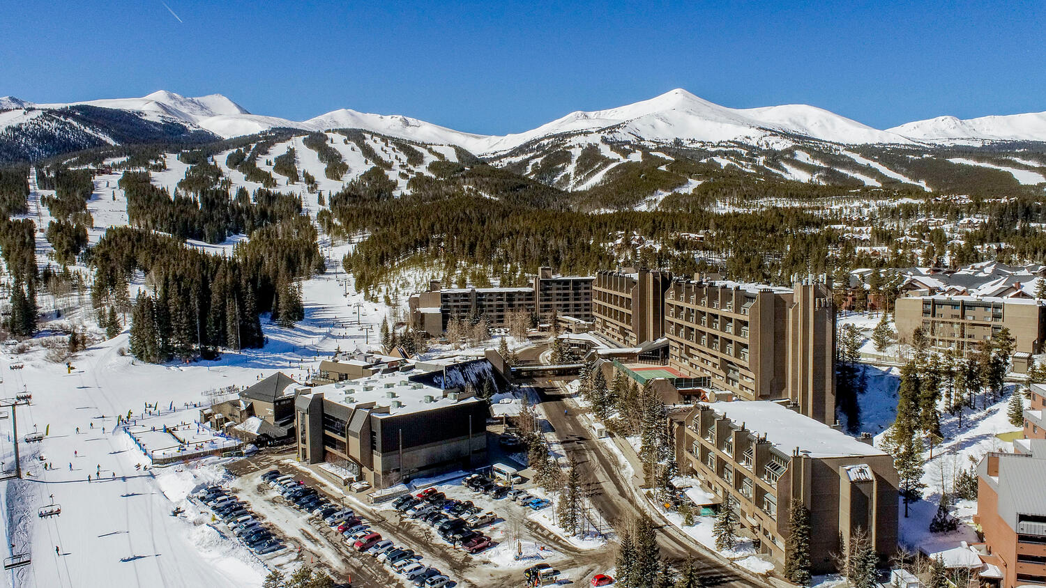 Aerial view of Peak 9 and Peak 8 rising above Beaver Run and the Peak 9 Base Area