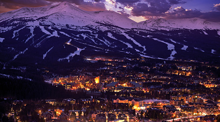 Panoramic Winter scene of Town of Breckenridge in the winter at night