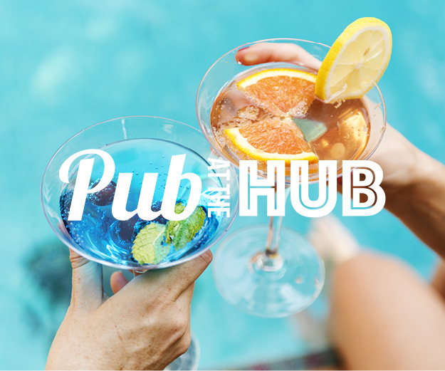 pub at the Hub pool and colorful cocktails