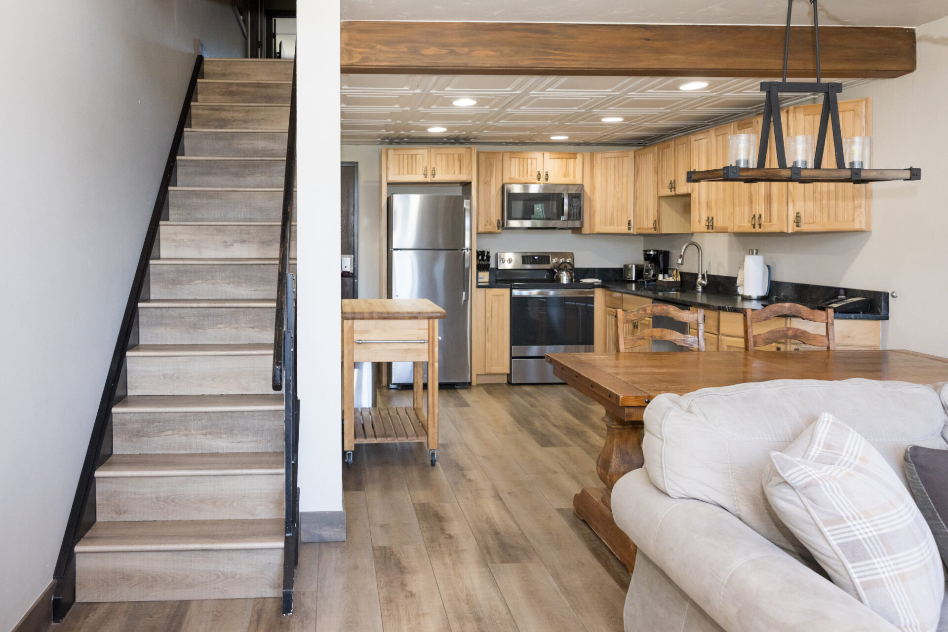 two bedroom suite living room and kitchen